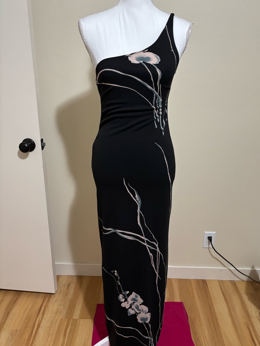 BCBG One-Shoulder Black Floral Maxi Dress